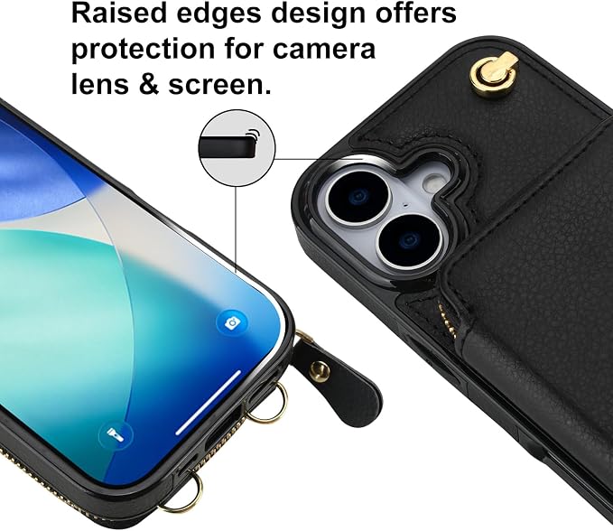Bocasal Crossbody Wallet Case for iPhone 17, RFID Blocking Leather Purse Case with Card Holder, Protective Handbag Flip Cover with Zipper Wrist Strap Lanyard for Women 5G 6.3 Inch (Black)