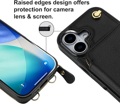 Bocasal Crossbody Wallet Case for iPhone 17, RFID Blocking Leather Purse Case with Card Holder, Protective Handbag Flip Cover with Zipper Wrist Strap Lanyard for Women 5G 6.3 Inch (Black)