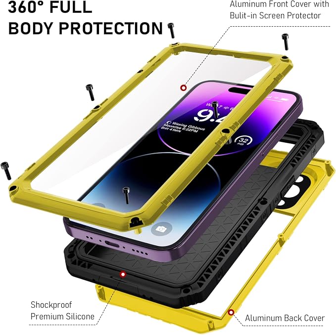 Beasyjoy for iPhone 14 Pro Max Waterproof Case, Metal Heavy Duty Case with Built-in Screen Protector, Full Body Protective Military Grade Shockproof Dustproof Defender Rugged Case 6.7 Inch, Yellow