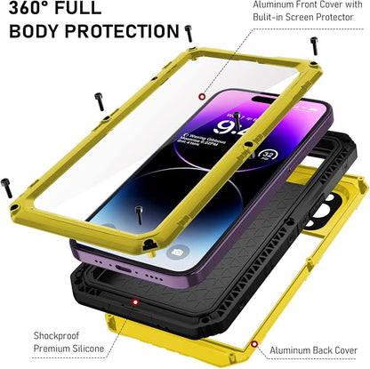 Beasyjoy for iPhone 14 Pro Max Waterproof Case, Metal Heavy Duty Case with Built-in Screen Protector, Full Body Protective Military Grade Shockproof Dustproof Defender Rugged Case 6.7 Inch, Yellow