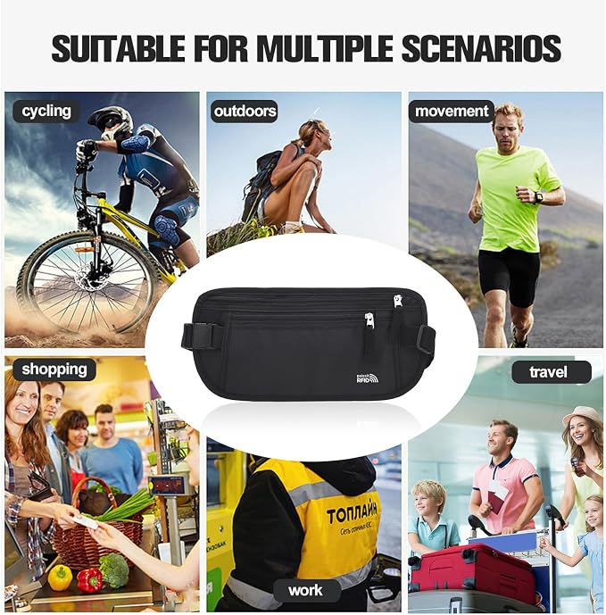 Unisex Money Belt For Men and Women, Slim Passport Holder RFID Blocking Travel Essentials Pouch with Adjustable Strap Small Waist Pouch for Workout Running Travelling Hiking (Black 2 Packs)