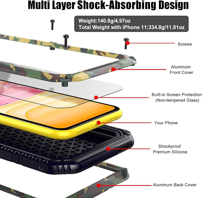 Beasyjoy for iPhone 11 Military-Grade Waterproof Metal Case - Full Body Protection, Shockproof, Dustproof, Built-in Screen, Outdoor (Camo)