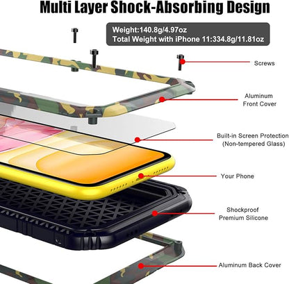 Beasyjoy for iPhone 11 Military-Grade Waterproof Metal Case - Full Body Protection, Shockproof, Dustproof, Built-in Screen, Outdoor (Camo)