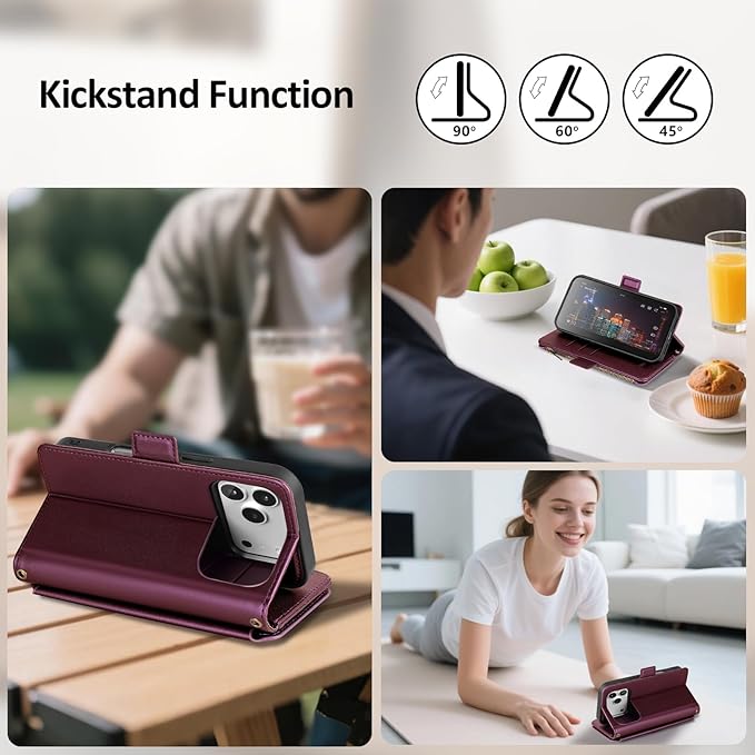 Antsturdy Compatible with Magsafe Magnetic 2 in 1 Detachable iPhone 17 Pro Wallet Case with Credit Card Holder Slots,PU Leather RFID Blocking Phone Cover Wrist Strap Zipper Women Men,Wine Red