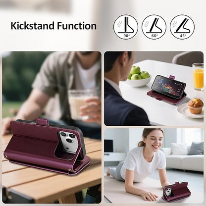 Antsturdy Compatible with Magsafe Magnetic 2 in 1 Detachable iPhone 17 Pro Wallet Case with Credit Card Holder Slots,PU Leather RFID Blocking Phone Cover Wrist Strap Zipper Women Men,Wine Red