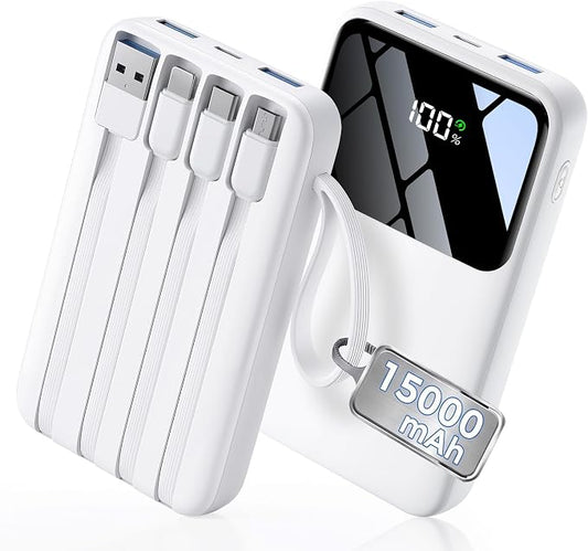 Power Bank, 15000mAh Portable Charger with Built in Cable, 22.5W Fast Charging, 6 Outputs, Slim Travel Essential Battery Pack with LED Display, Compatible with iPhone 17/16/15/14/13, iPad Pure White