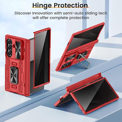 VEGO for Samsung Galaxy Z Fold 7 Case with Stand & Hinge Protection, Red | Built-in Screen Protector[Anti-Peeping][Slide Camera Cover]Hard PC Full-Body Shockproof Anti-Drop Phone Case for Z Fold 7