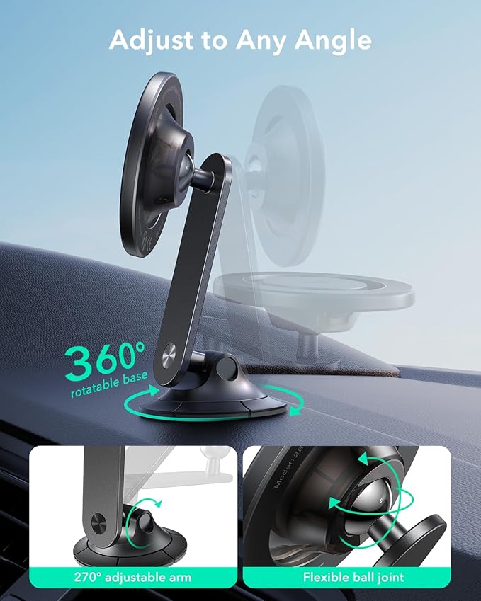 ESR for MagSafe Car Mount, Upgraded Dashboard Magnetic Phone Holder for Car, 360° Rotation, Car Phone Holder Mount for iPhone 17/16/16e/15/14/13/12, S25, Pixel 10, Strong Magnets(with 2 Metal Rings)