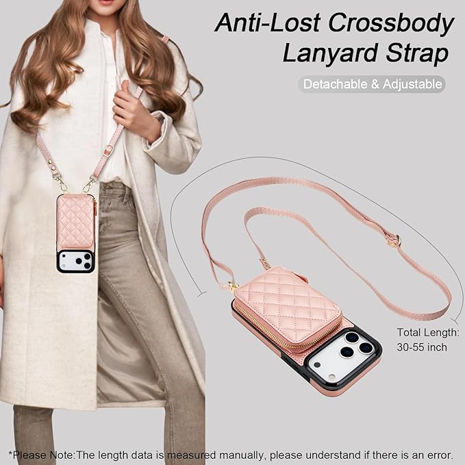 Bocasal Crossbody Wallet Case for iPhone 17 Pro Max, RFID Blocking PU Leather Zipper Handbag Purse Flip Cover, Kickstand Folio Case with Card Slots Holder Wrist Strap Lanyard 5G 6.9 Inch (Rose Gold)