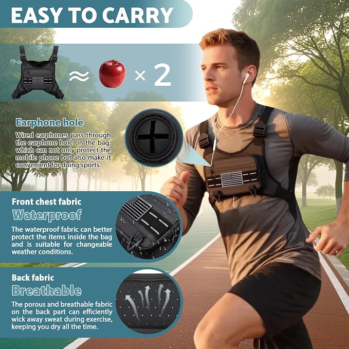 Muserise Sports Chest Bag For Men, Water Resistant Lightweight Front Running Vest Bag With Built-In Phone Holder & Extra Storage For Workouts, Cycling (Black)