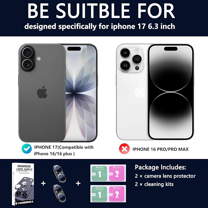2 Pack Camera Lens Protector for iPhone 17,Metal AR Tempered Glass Rear Camera Screen Cover,Anti-Scratch,Strong Adsorption,Case Friendly, Easy to Install-Black