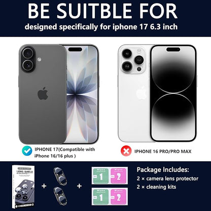 2 Pack Camera Lens Protector for iPhone 17,Metal AR Tempered Glass Rear Camera Screen Cover,Anti-Scratch,Strong Adsorption,Case Friendly, Easy to Install-Black