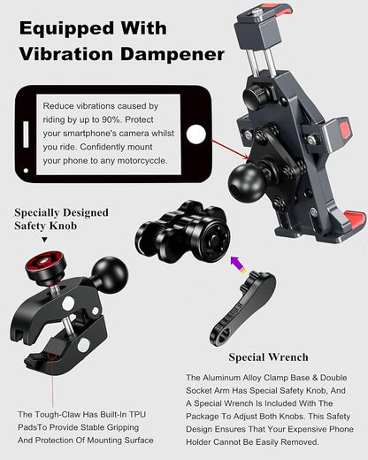 BRCOVAN Metal Anti-Theft Motorcycle Phone Mount with Vibration Dampener & High-Speed Secure Lock, Adjustable Aluminum Alloy Motorcycle Cellphone Holder for Bike Scooter ATV UTV Fit 4.7''-7.2'' Phones