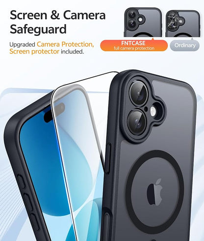 FNTCASE for iPhone 17 Case: [Compatible with Magsafe] Translucent Matte Cases with [Full Camera Protection] [Screen Protector] Military Grade Shockproof Protective Phone Cover - Black