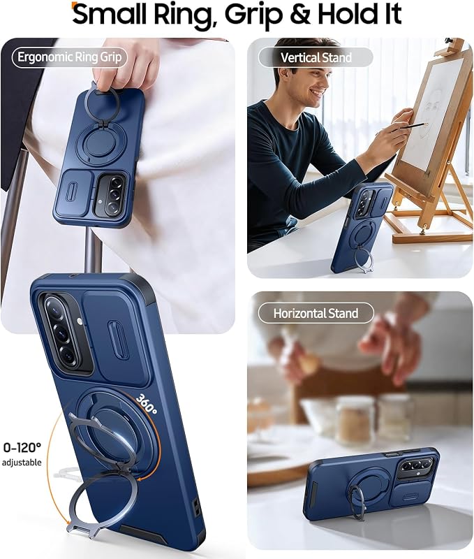JAME for Samsung Galaxy A57 5G Case, Ring Holder Stand Kickstand, Slide Camera Cover, 2 Screen Protectors, Dual-Layer Shockproof Protective, Magnetic Accessory Friendly Galaxy A57 Phone Case, Blue