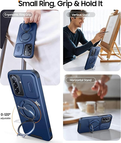 JAME for Samsung Galaxy A57 5G Case, Ring Holder Stand Kickstand, Slide Camera Cover, 2 Screen Protectors, Dual-Layer Shockproof Protective, Magnetic Accessory Friendly Galaxy A57 Phone Case, Blue