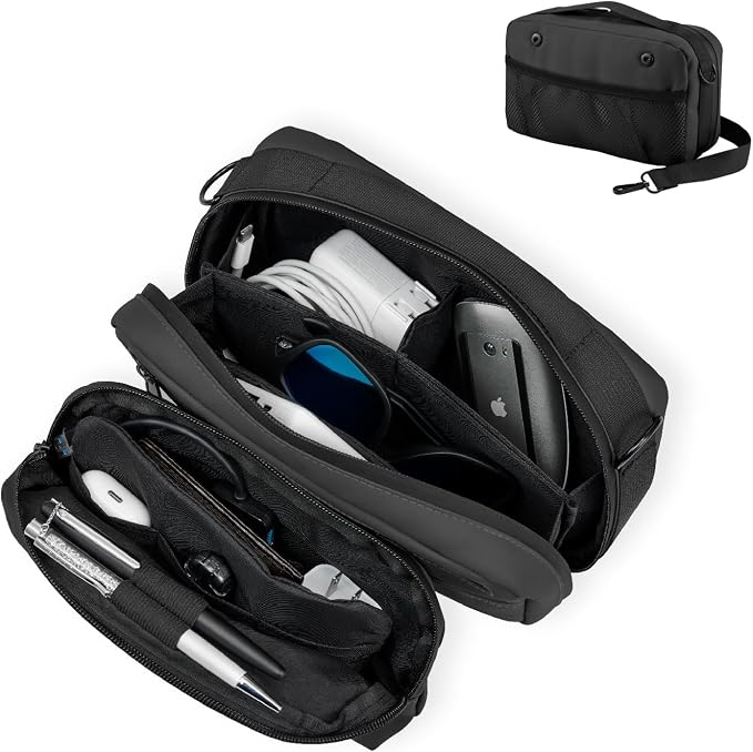 Travel Organizer Pouch Electronic Accessories Carry Case Waterproof Double Layers All-in-One for Cord, Phone, Airpods, USB Flash Drive for Men Women, Portable Charger Organizer (Black)