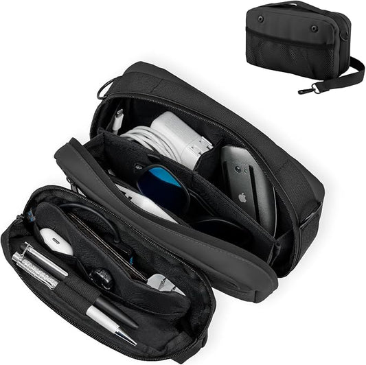 Travel Organizer Pouch Electronic Accessories Carry Case Waterproof Double Layers All-in-One for Cord, Phone, Airpods, USB Flash Drive for Men Women, Portable Charger Organizer (Black)