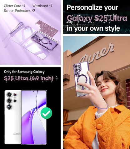 Meifigno Case Designed for Samsung Galaxy S25 Ultra 6.9 inch, [Compatible with MagSafe] [2X HD Screen Protectors] [Glitter Card & Wrist Strap] Full Lens Protection Case for Galaxy S25 Ultra, Purple