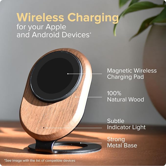 ARK Uno - Solid Wood MagSafe Stand Magnetic Wireless Charging Station w/Adapter & USB to USB C15W Wireless Charger. for iPhone 12-17 & Some Samsung. Home, Office, Kitchen,Best Mens Gifts!