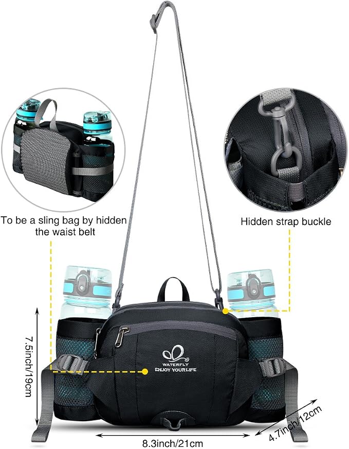 WATERFLY Fanny Pack Waist Bag: Fannie Pack 2 Water Bottle Holders Lumbar Belt Hiking Walking Running Jogging Camping Large Woman Man (Bottle Not Included)