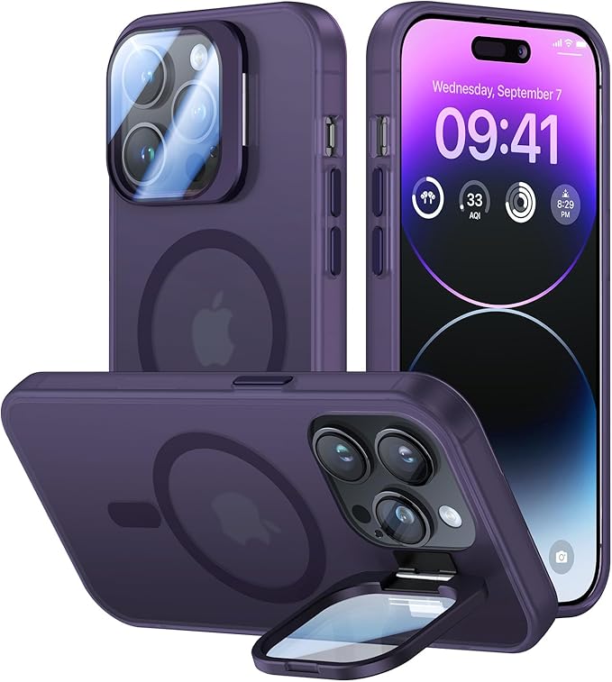 for iPhone 13 Pro Case with Camera Cover Stand [Built-in 9H Camera Lens Protector][Fit for Magsafe] Military Grade Shockproof Translucent Matte Magnetic Phone Case 6.1",Purple