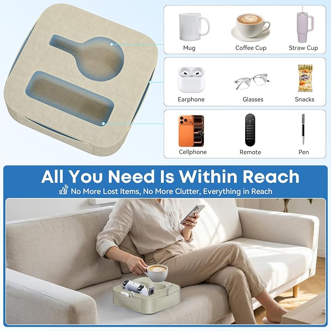 Couch Cup Holder Pillow, Couch Caddy for Drink, Snack, Phone, Remote, Game Controller, Removable and Washable Cup Cozy Pillow, Small Sofa Cup Holder Tray for Bed, Car, Desk, Sofa, Khaki