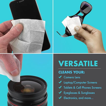 Premoistened Lens and Glass Cleaning Wipes - Portable Travel Cleaner for Glasses, Camera, Cell Phone, Smartphone, and Tablet - Disposable, Quick Drying, Streak Free - Individually Wrapped, Pack of 200