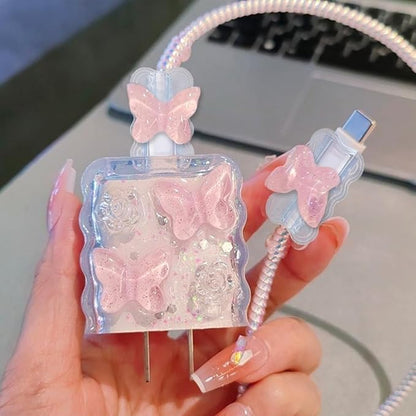 5in1 18W/20W Charger Case Compatible with Apple 20W Power Adapters, Lovely Charger Cover & Cable Protector for iPhone Pro Max & MacBook Neo 13 Inch Charging Cables, Pink Crystal Butterfly