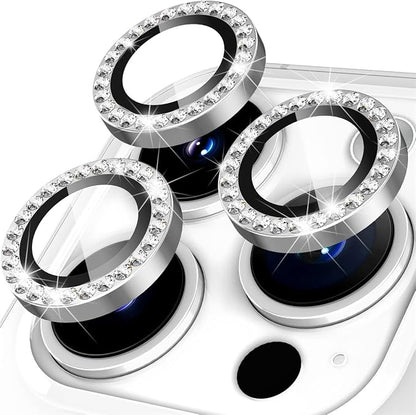 Suoman for iPhone 14 Pro Max / 14 Pro Camera Lens Protector, [Diamonds Bling] 9H Tempered Glass, Full Coverage Metal Protective Cover- Diamond Silver