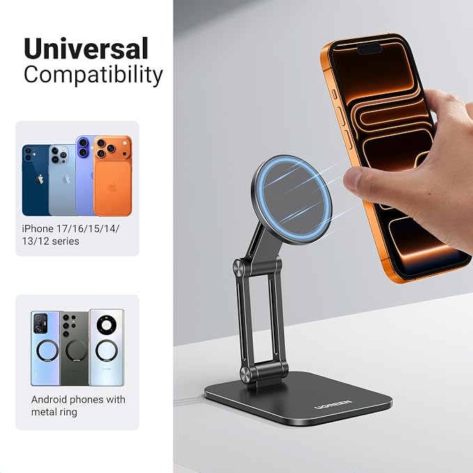 UGREEN Magnetic Phone Stand Compatible with MagSafe Holder for Desk Ergonomic Design Adjustable, Aluminum Cell Phone Stand Compatible for iPhone 17 Air 16 15 14 13 12 Pro Max and MagSafe Case, Black
