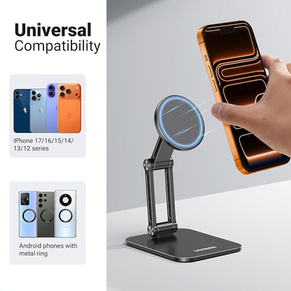 UGREEN Magnetic Phone Stand Compatible with MagSafe Holder for Desk Ergonomic Design Adjustable, Aluminum Cell Phone Stand Compatible for iPhone 17 Air 16 15 14 13 12 Pro Max and MagSafe Case, Black