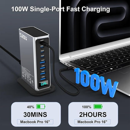 520W USB C Fast Charger Block, PD 3.1 100W 8 Port USB Charging Station, GaN Ⅲ Fast Charging Station for Multiple Devices, Laptop Wall Charger Compatible with iPhone 17/iPad/MacBook etc