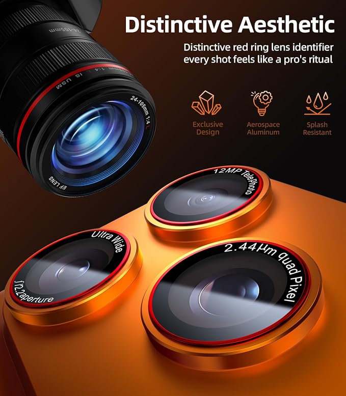 X-it for iPhone 17 Pro Camera Lens Protector, 9H Military Grade High-Alumina Tempered Glass Cover, Shatterproof with Strong Adhesion, Case Friendly & 1:1 Perfect Fit Camera Protector (Orange)