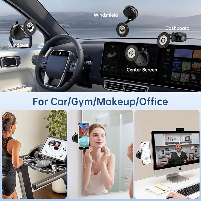 Vacuum Magnetic Shower Phone Holder for Mirror/Tile/Glass/Wood, 360° Adjustable Mirror Phone Holder for Shower/Bathroom/Office/Car with Suction Cup, Shower Phone Mount for iPhone MagSafe and Android