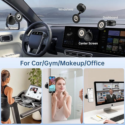 Vacuum Magnetic Shower Phone Holder for Mirror/Tile/Glass/Wood, 360° Adjustable Mirror Phone Holder for Shower/Bathroom/Office/Car with Suction Cup, Shower Phone Mount for iPhone MagSafe and Android
