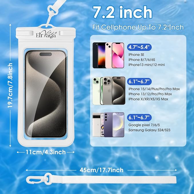 2 Pack IPX8 Waterproof Phone Pouch for iPhone 16/15/14/13 Pro Max Plus (7.2 Inch) - Swimming, Diving, Snorkeling, Snowproof - Touchscreen Friendly Underwater Photography Dry Bag (Black&White)
