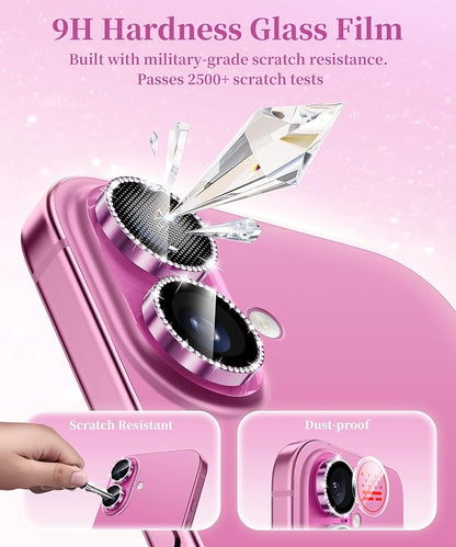 GolbinBox Camera Lens Protector for iPhone 17/16/16 Plus, 1:1 Invisible Fit, 9H Tempered Glass Ultra HD Metal Individual Camera Cover for Women, Case Friendly, Bling/Hot Pink