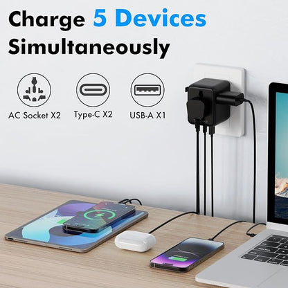 TRAVEL DEPOT Universal Travel Adapter w/USB Ports, GaN All in One Worldwide Plug Adapter, International Power Converter for All Devices, Wall Charger AC Power Type C Charging Ports for USA EU UK AUS