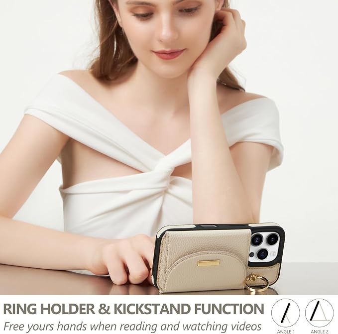 Keallce Wallet Case for iPhone 16 Pro 6.3'', Flip Case with Card Slots, Ring Holder Kickstand, PU Leather Protective Folio Cover for Women, Beige