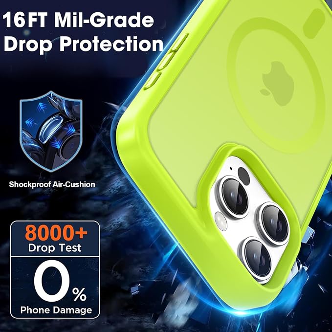 MOCCA Strong Magnetic for iPhone 16 Pro Phone Case, [Compatible with Magsafe][16FT Mil-Grade Drop Protection] Slim Thin Translucent Matte Protective Cover Case for iPhone 16 Pro Case,Fluorescent Green