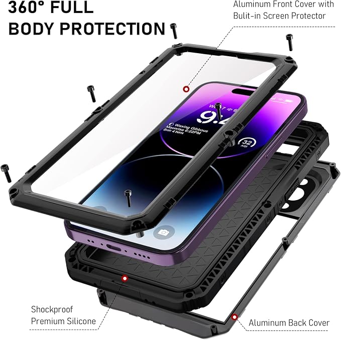 Beasyjoy for iPhone 14 Pro Max Waterproof Case, Metal Heavy Duty Case with Built-in Screen Protector, Full Body Protective Military Grade Shockproof Dustproof Defender Rugged Case 6.7 Inch, Black
