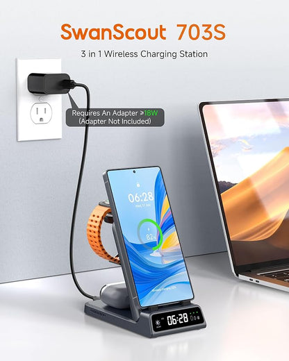 Charging Station for Samsung S26 Ultra, Wireless Charger for Galaxy S26/S25/S24/S23 Series, Galaxy Watch 8/8 Classic/Ultra/7/6/5, Galaxy Buds 3 Pro/3, SwanScout 703S (No Adapter)