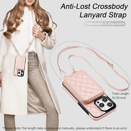 Bocasal Crossbody Wallet Case for iPhone 15 Pro, RFID Blocking PU Leather Zipper Handbag Purse Flip Cover, Kickstand Folio Case with Card Slots Holder Wrist Strap Lanyard 5G 6.1 Inch (Rose Gold)