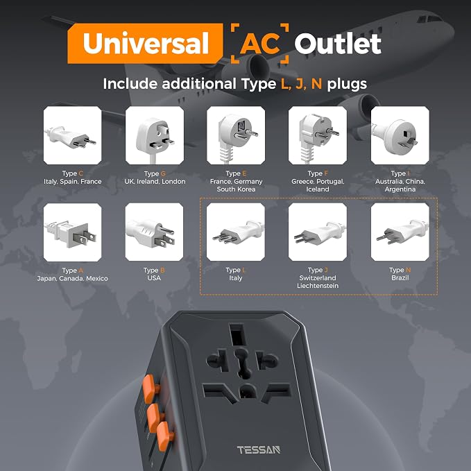 TESSAN Universal Travel Adapter, GaN 65W, Black | International Power Adapter, 5 USB Ports (3 USB C), Worldwide Plug Adaptor