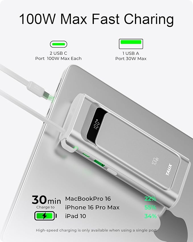TALIX Portable Charger 100W, 10000mAh Power Bank with Built-in USB-C Cable, 3-Port Fast Charging Battery Pack for iPhone 17/16/15 Series, Samsung Galaxy, iPad, Steam Deck, Travel Essentials