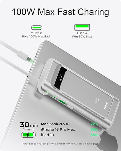 TALIX Portable Charger 100W, 10000mAh Power Bank with Built-in USB-C Cable, 3-Port Fast Charging Battery Pack for iPhone 17/16/15 Series, Samsung Galaxy, iPad, Steam Deck, Travel Essentials