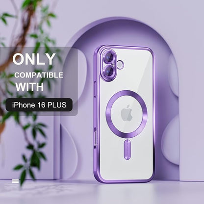 Misea Magnetic for iPhone 16 Plus Case Compatible with MagSafe [Never Yellowing] [Military Grade Drop Protection] Full Camera Lens Protector Plating Soft Clear Phone Case for Women 6.7", Deep Purple