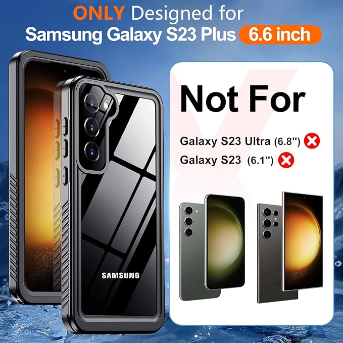 Hualele for Samsung Galaxy S23 Plus Case Waterproof, Built in Lens & Screen Protector Rugged Full Body Protective Military Grade Drop Protection IP68 Underwater Cover Case for Galaxy S23 Plus Black