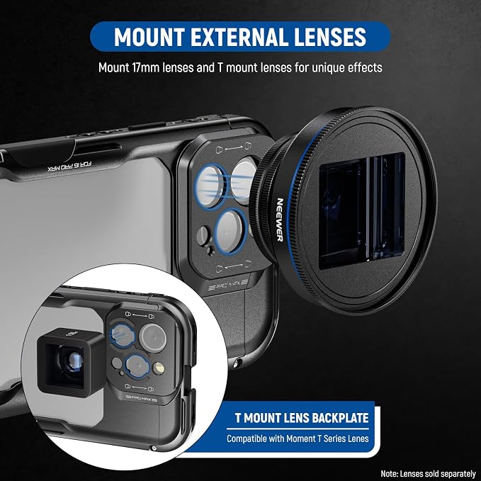 NEEWER 16 Pro Max Cage, Quick Release Video Rig Phone Stabilizer Compatible with iPhone 16 Pro Max with 67mm Filter Adapter, 17mm Lens Backplate, T Mount Lens Adapter Compatible with Moment, PA074